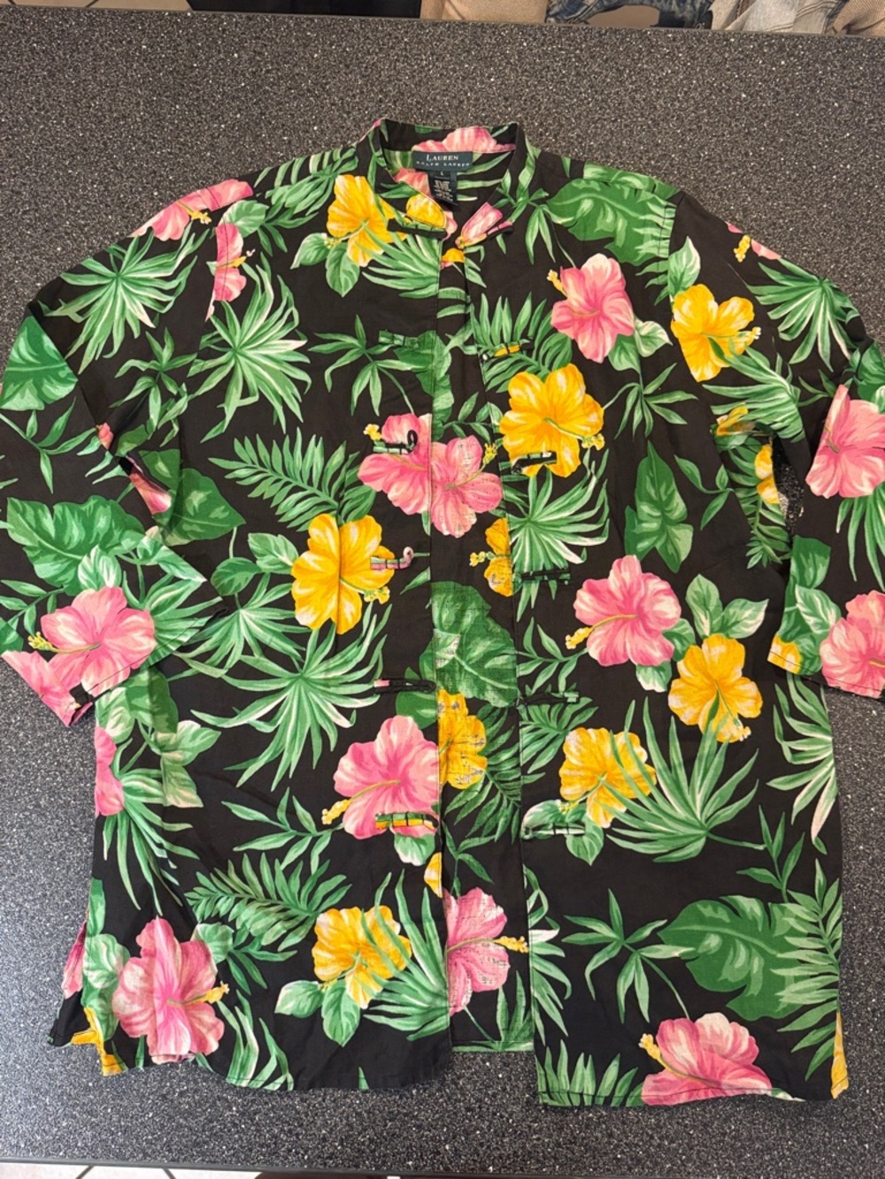 Vintage Linen Lauren Ralph Lauren Black Tropical Floral Camp Shirt - size Large